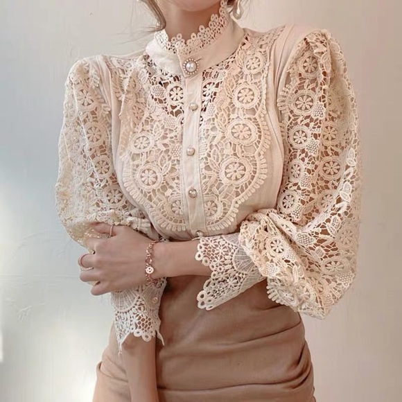 Apricot Flower Lace Button Up Blouse - Picture 2 of 4